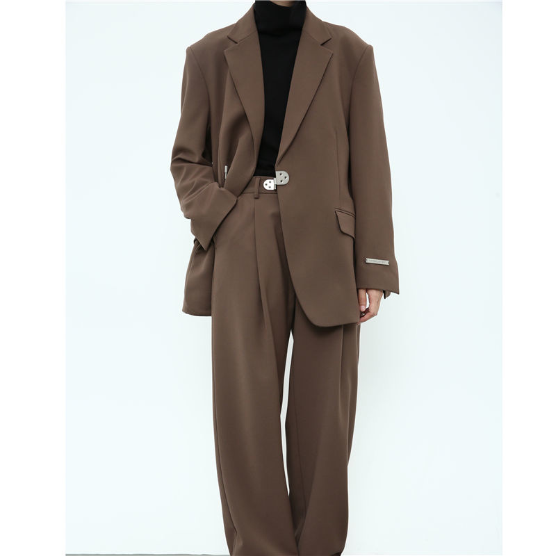 Solid Lock Design Suit Black Brown Long Sleeve Sli..